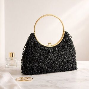 Black Beaded Evening Bag with Gold Handle